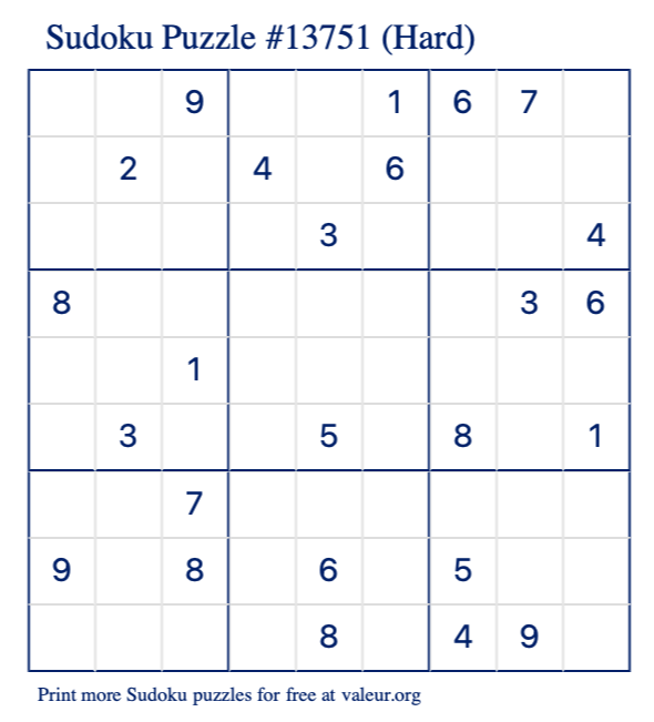 Free Printable Hard Sudoku Puzzle number 13751