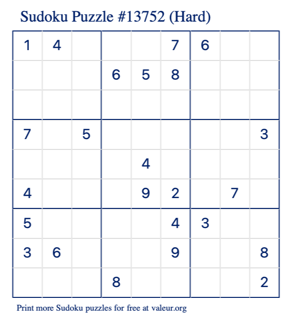 Free Printable Hard Sudoku Puzzle number 13752