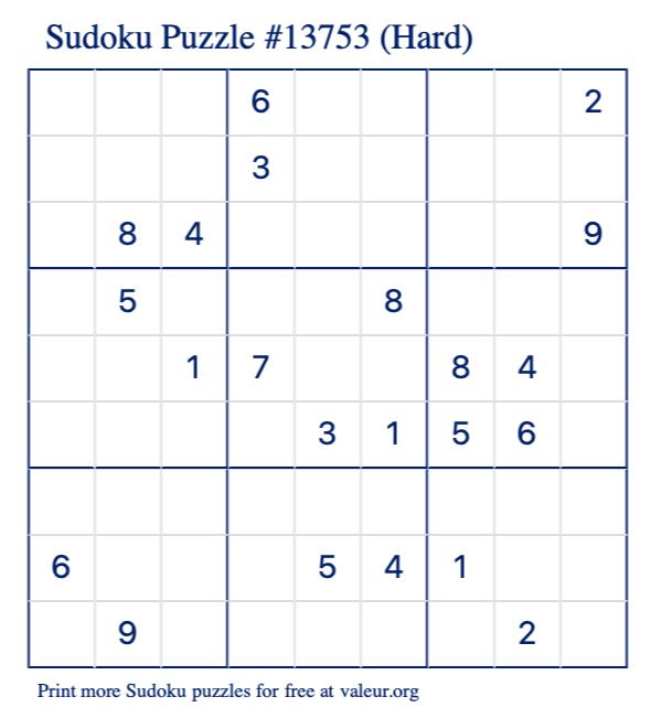 Free Printable Hard Sudoku Puzzle number 13753
