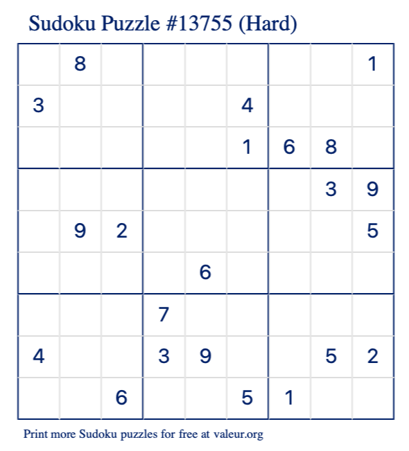 Free Printable Hard Sudoku Puzzle number 13755
