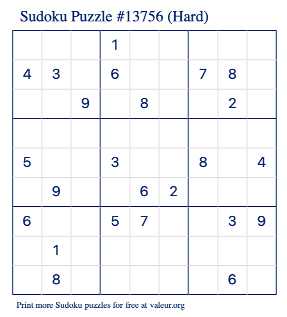 Free Printable Hard Sudoku Puzzle number 13756