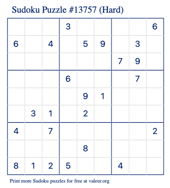 Free Printable Hard Sudoku Puzzle number 13757