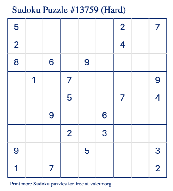 Free Printable Hard Sudoku Puzzle number 13759