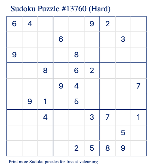 Free Printable Hard Sudoku Puzzle number 13760
