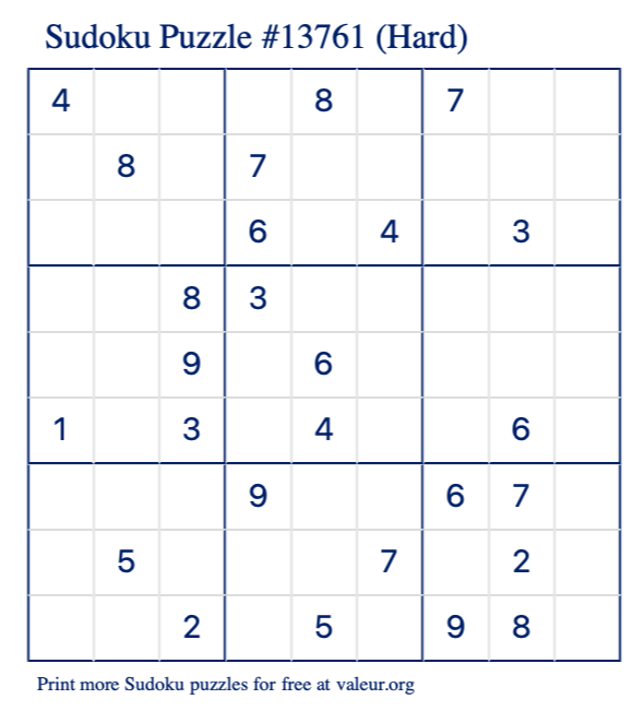 Free Printable Hard Sudoku Puzzle number 13761