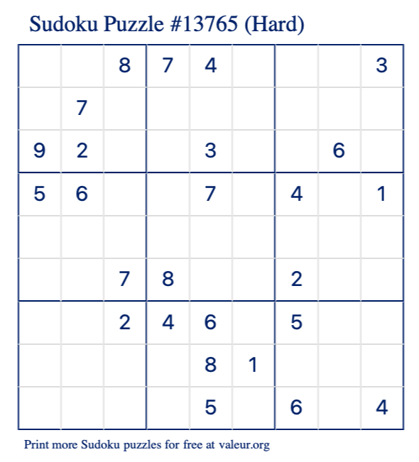 Free Printable Hard Sudoku Puzzle number 13765