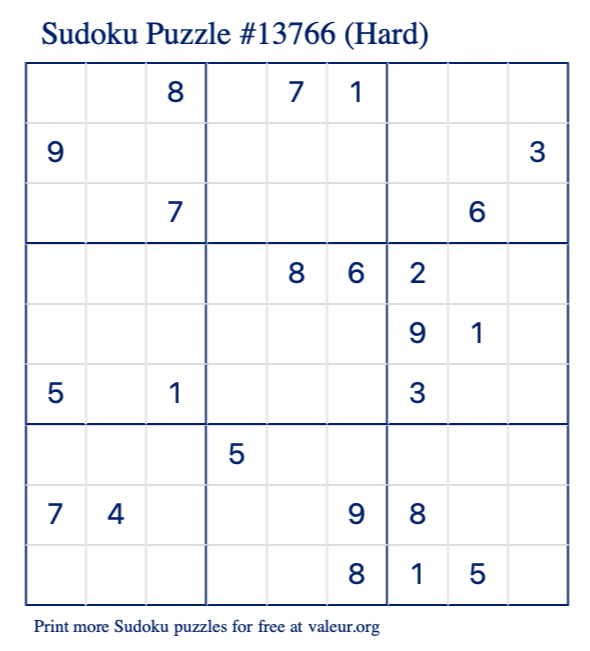 Free Printable Hard Sudoku Puzzle number 13766