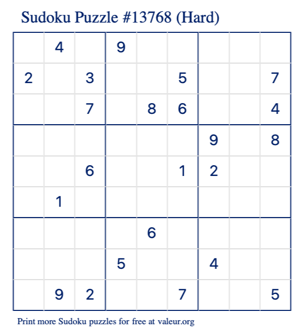 Free Printable Hard Sudoku Puzzle number 13768