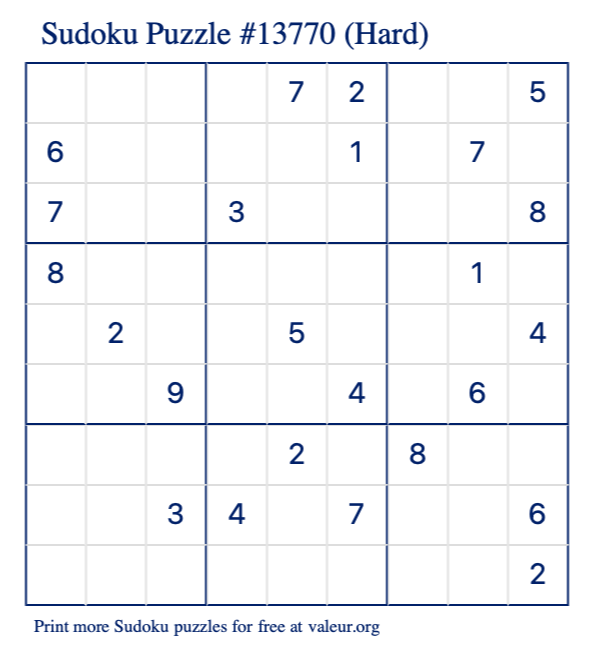 Free Printable Hard Sudoku Puzzle number 13770