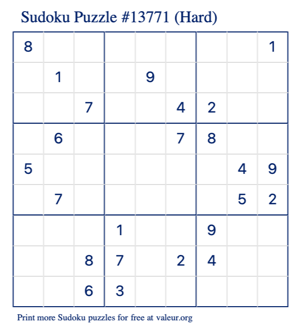 Free Printable Hard Sudoku Puzzle number 13771