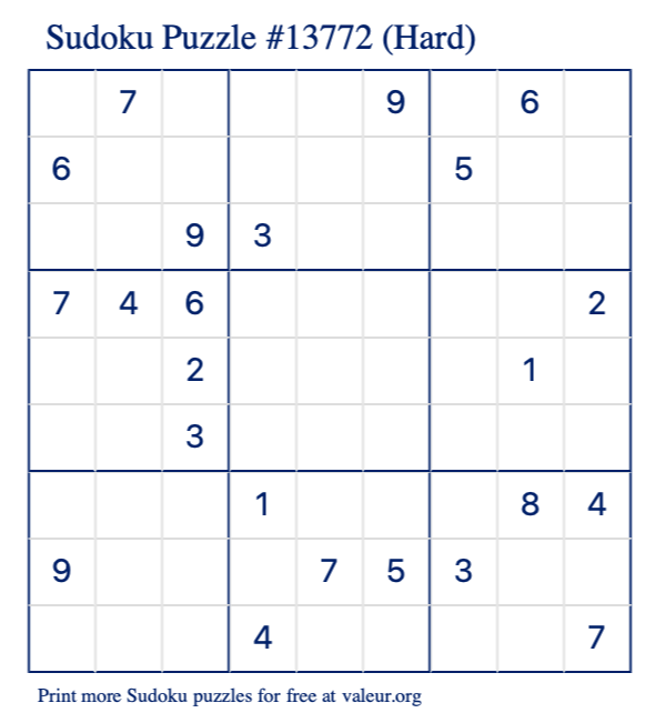 Free Printable Hard Sudoku Puzzle number 13772