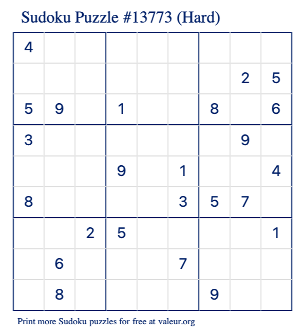 Free Printable Hard Sudoku Puzzle number 13773