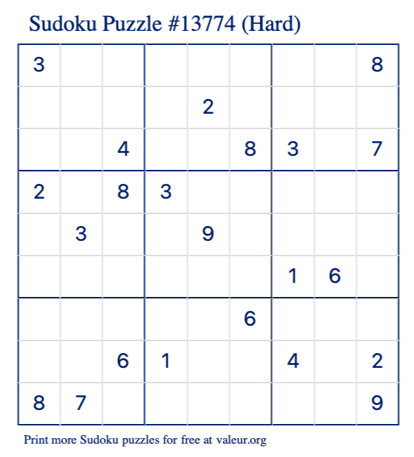 Free Printable Hard Sudoku Puzzle number 13774
