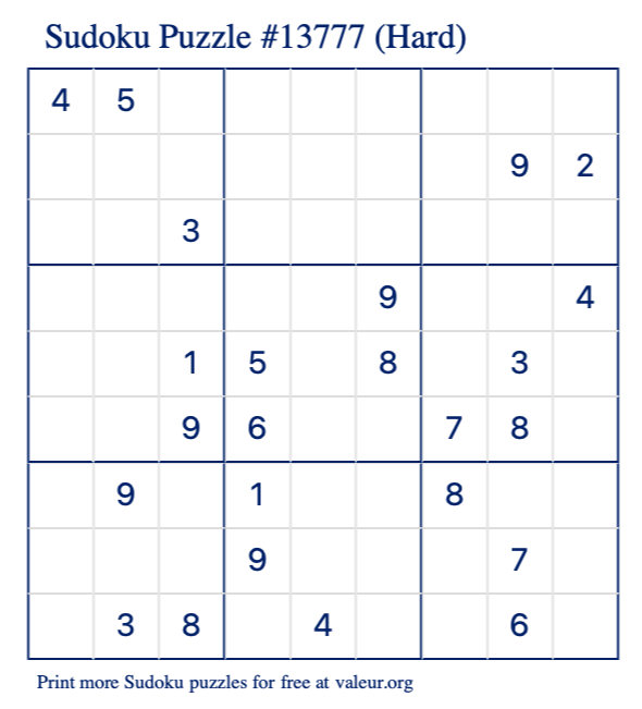 Free Printable Hard Sudoku Puzzle number 13777