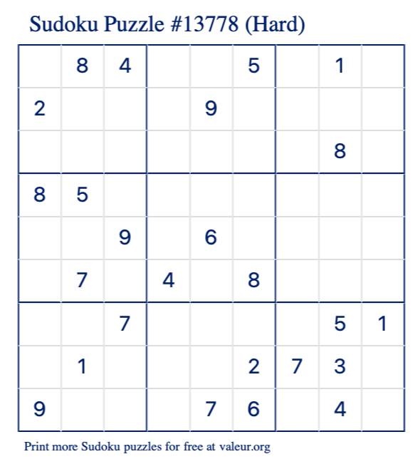 Free Printable Hard Sudoku Puzzle number 13778