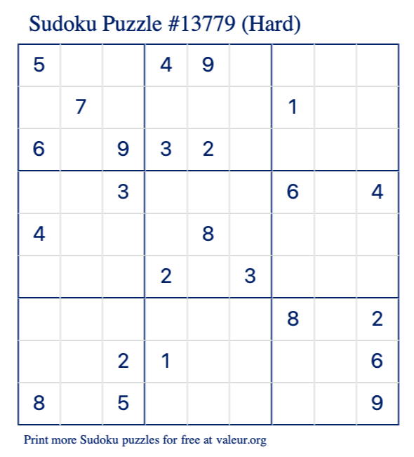 Free Printable Hard Sudoku Puzzle number 13779