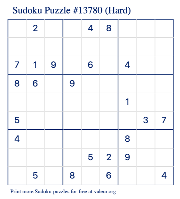 Free Printable Hard Sudoku Puzzle number 13780