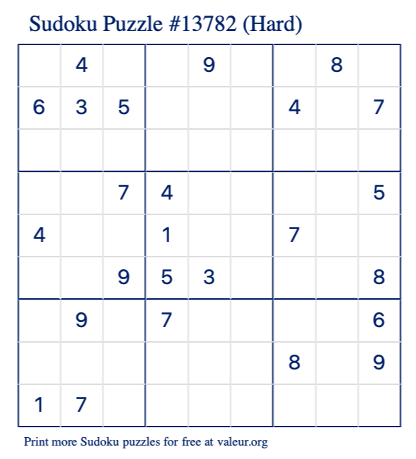 Free Printable Hard Sudoku Puzzle number 13782