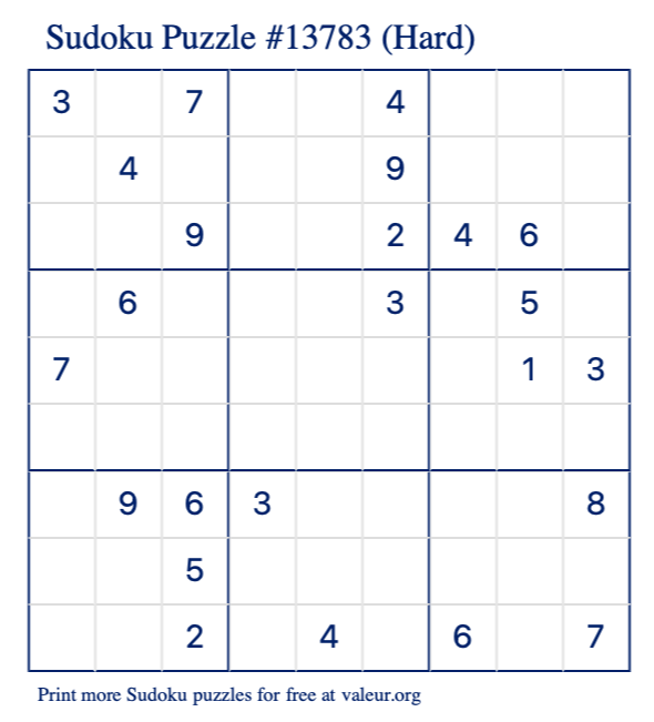 Free Printable Hard Sudoku Puzzle number 13783