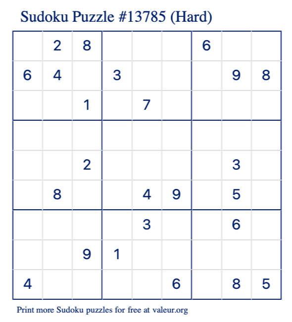 Free Printable Hard Sudoku Puzzle number 13785