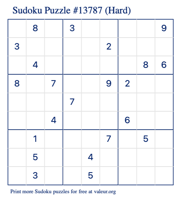 Free Printable Hard Sudoku Puzzle number 13787