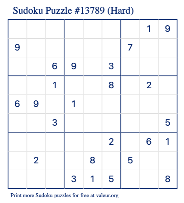 Free Printable Hard Sudoku Puzzle number 13789