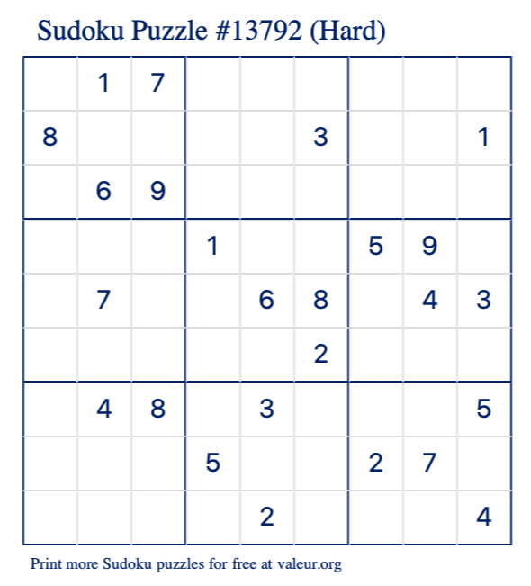 Free Printable Hard Sudoku Puzzle number 13792