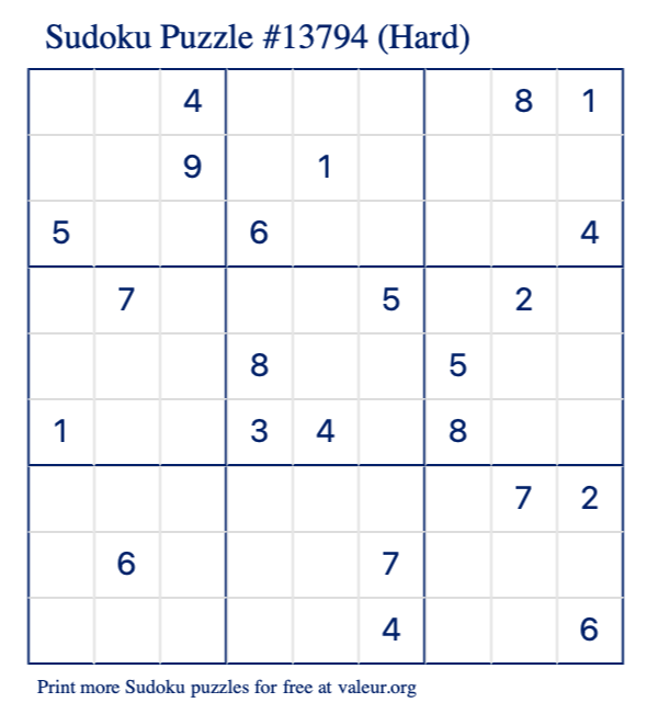Free Printable Hard Sudoku Puzzle number 13794