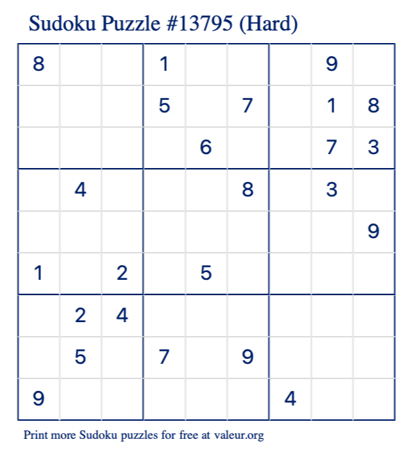Free Printable Hard Sudoku Puzzle number 13795