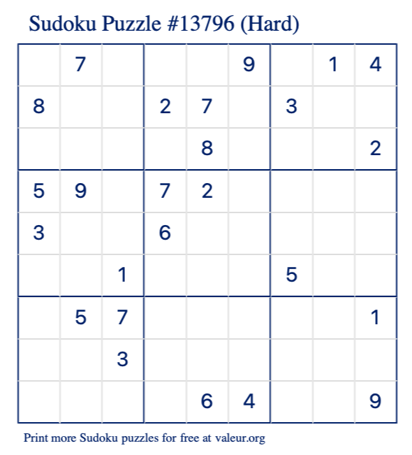 Free Printable Hard Sudoku Puzzle number 13796