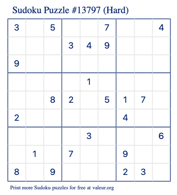 Free Printable Hard Sudoku Puzzle number 13797