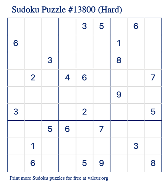 Free Printable Hard Sudoku Puzzle number 13800