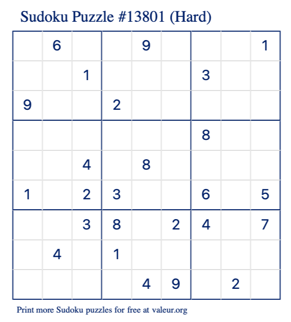 Free Printable Hard Sudoku Puzzle number 13801