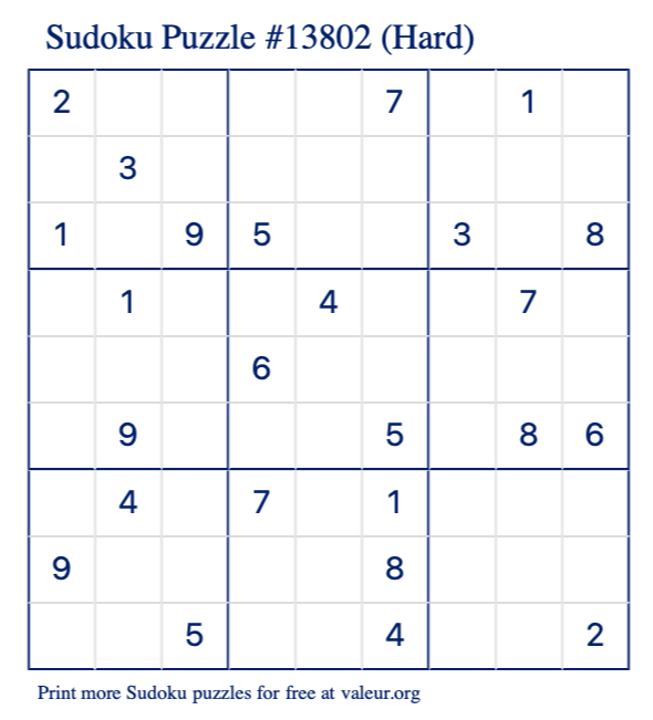 Free Printable Hard Sudoku Puzzle number 13802