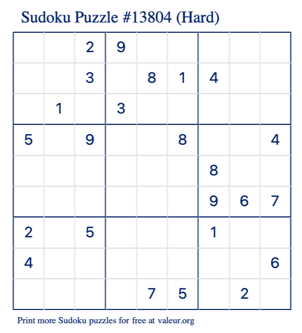 Free Printable Hard Sudoku Puzzle number 13804