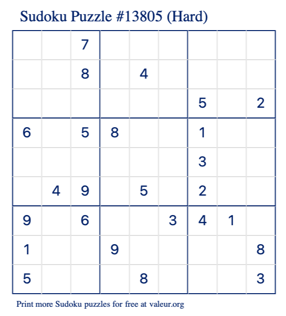 Free Printable Hard Sudoku Puzzle number 13805