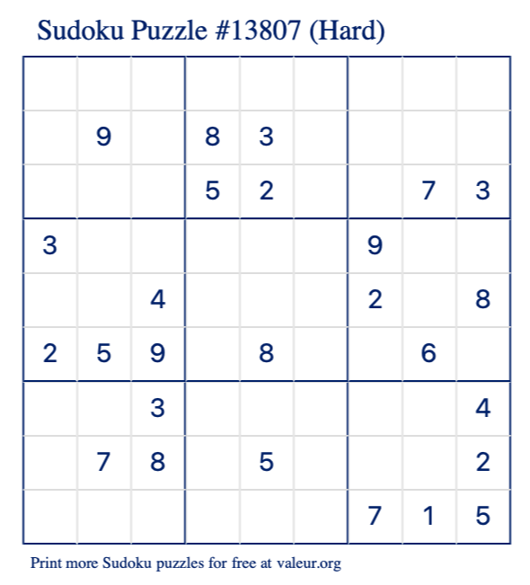 Free Printable Hard Sudoku Puzzle number 13807