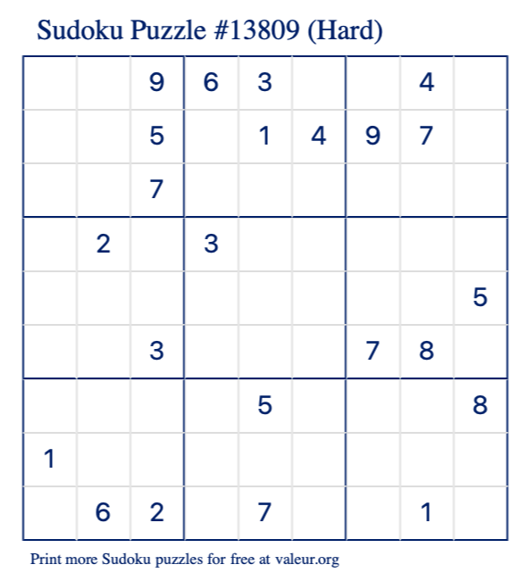 Free Printable Hard Sudoku Puzzle number 13809
