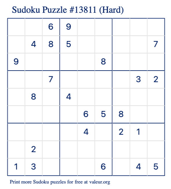 Free Printable Hard Sudoku Puzzle number 13811
