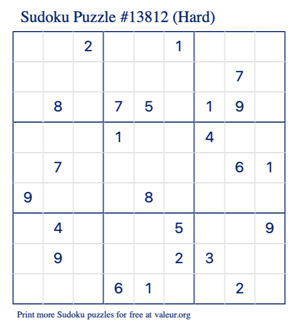 Free Printable Hard Sudoku Puzzle number 13812