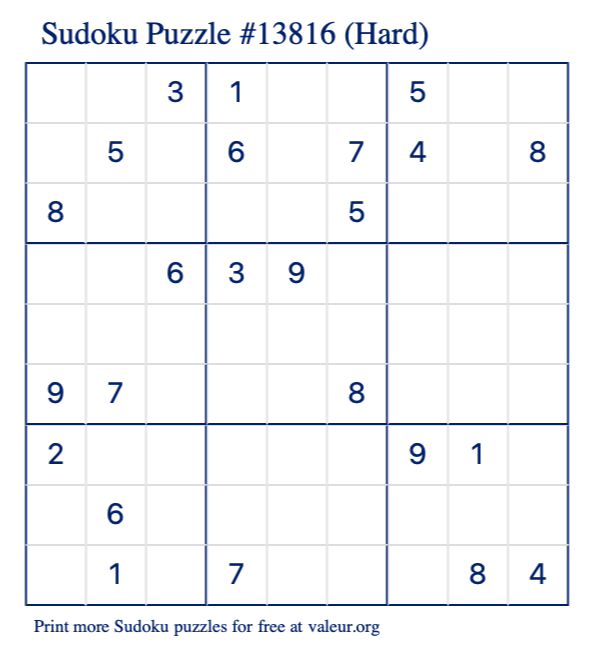 Free Printable Hard Sudoku Puzzle number 13816