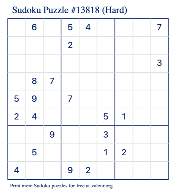 Free Printable Hard Sudoku Puzzle number 13818