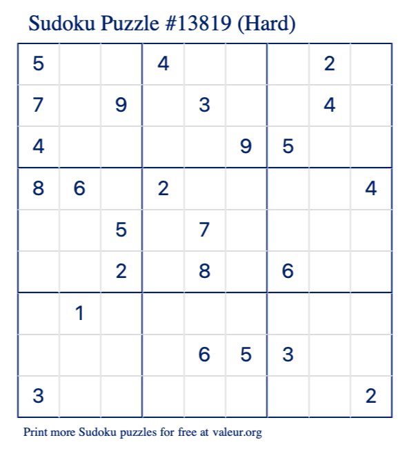 Free Printable Hard Sudoku Puzzle number 13819