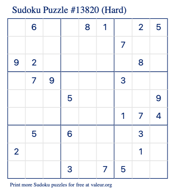 Free Printable Hard Sudoku Puzzle number 13820