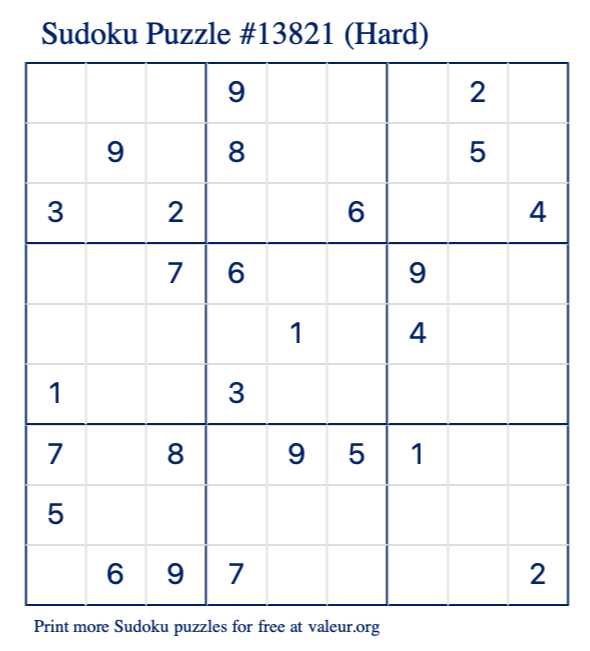 Free Printable Hard Sudoku Puzzle number 13821