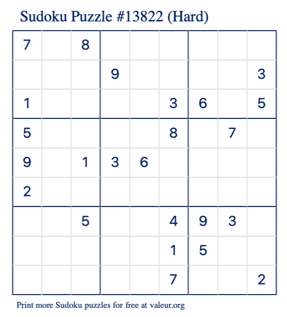 Free Printable Hard Sudoku Puzzle number 13822