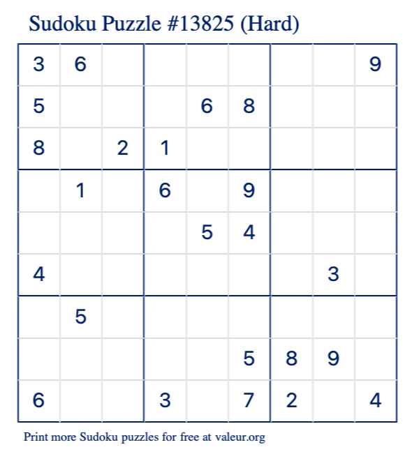 Free Printable Hard Sudoku Puzzle number 13825