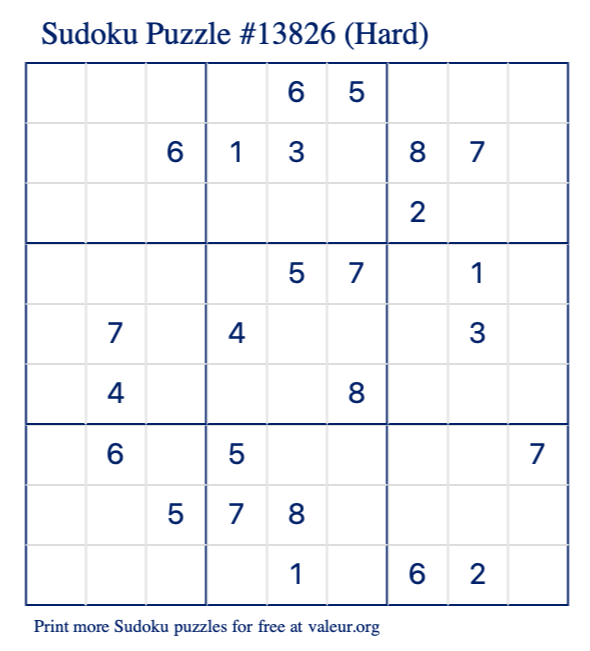 Free Printable Hard Sudoku Puzzle number 13826