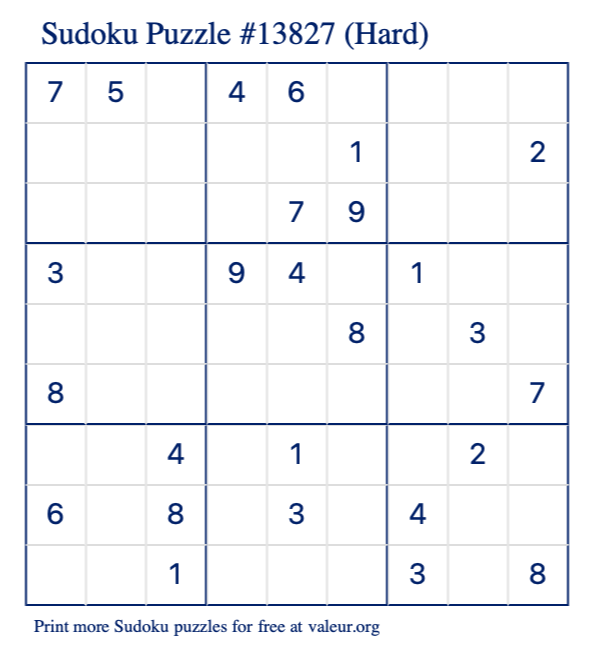 Free Printable Hard Sudoku Puzzle number 13827