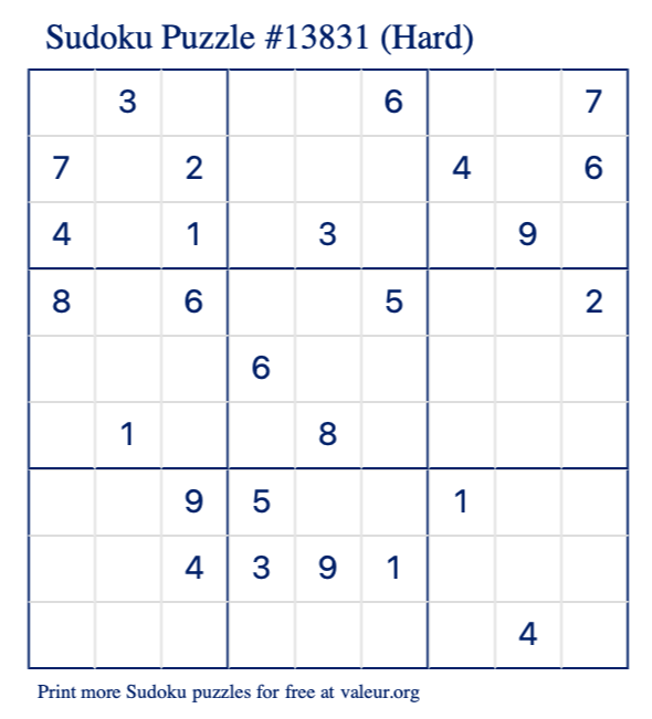 Free Printable Hard Sudoku Puzzle number 13831